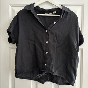 Joie Black Linen Button-Front Crop Top